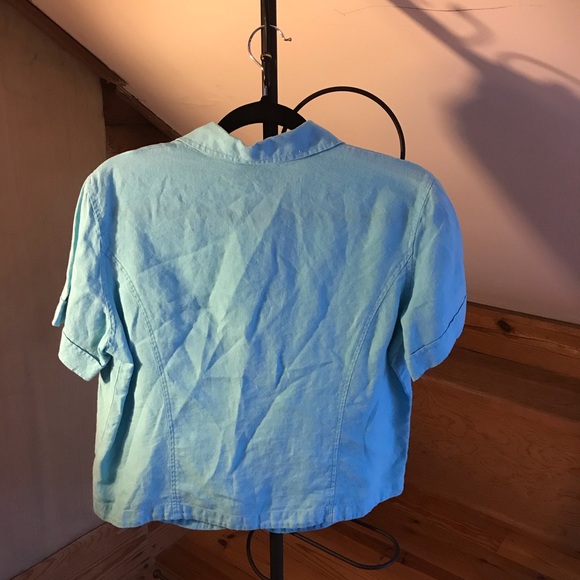 Talbots Teal Irish Linen Short Sleeve Button Down Top, EUC, L - Picture 2 of 11